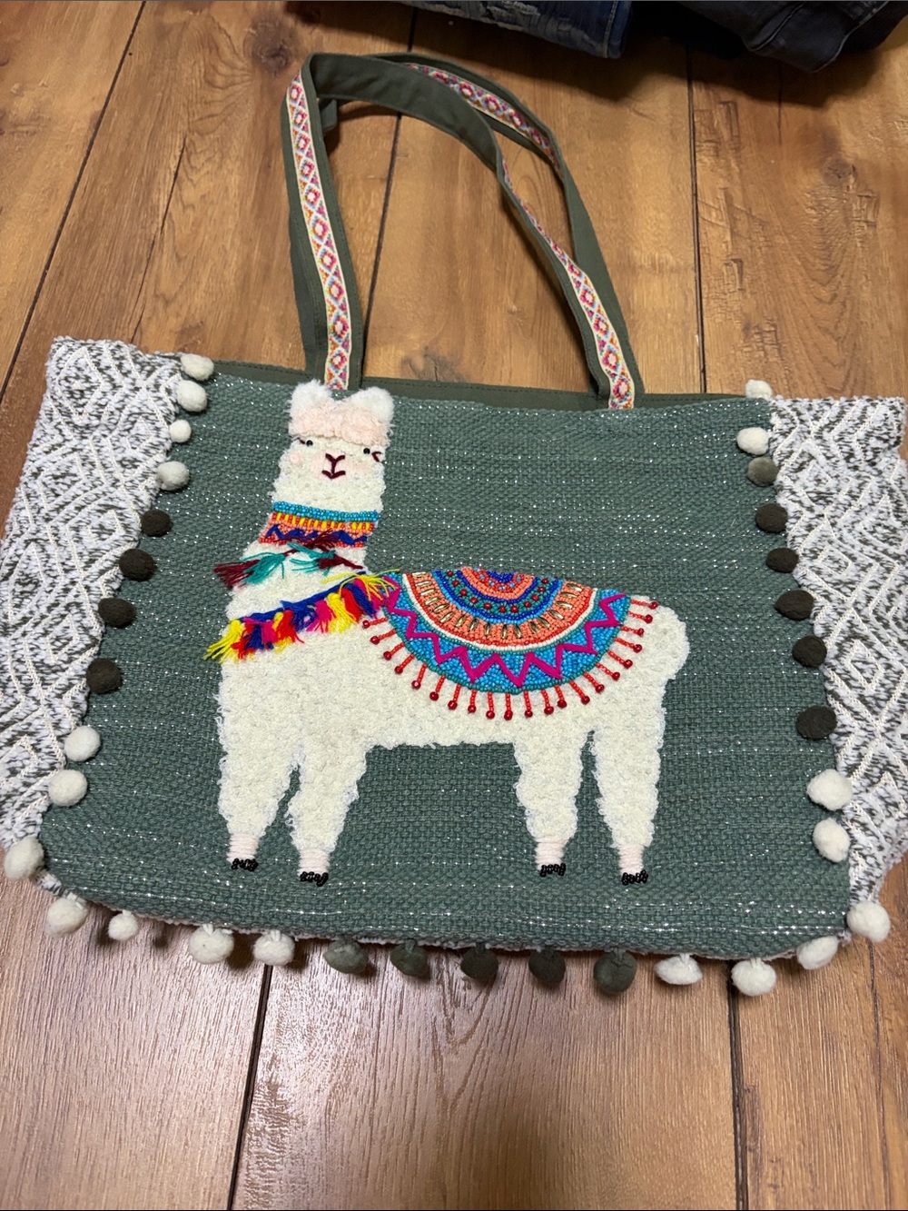 Sage Green Llama Embroidered Tote Bag